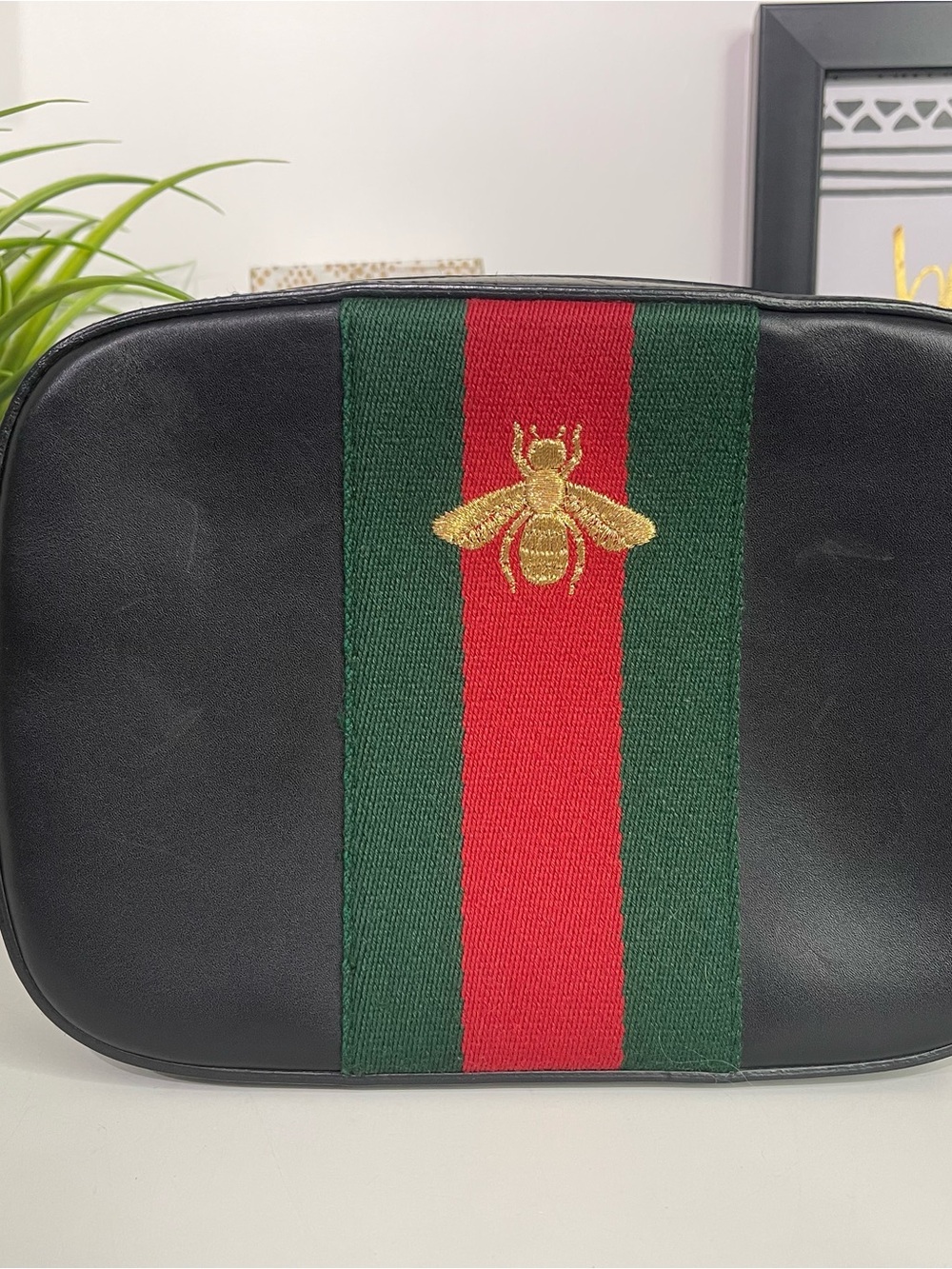 Gucci Black Leather Crossbody with Green and Red Stripe and Gold Bee